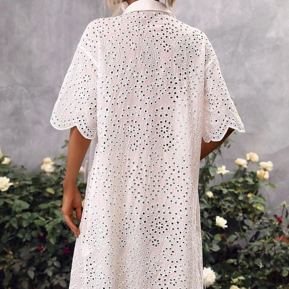White Eyelet Embroidery Drop Shoulder Dress - Picture 3 of 5